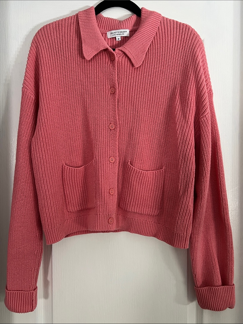 Velvet Heart Coral Pink Cotton Collared Cardigan Size M